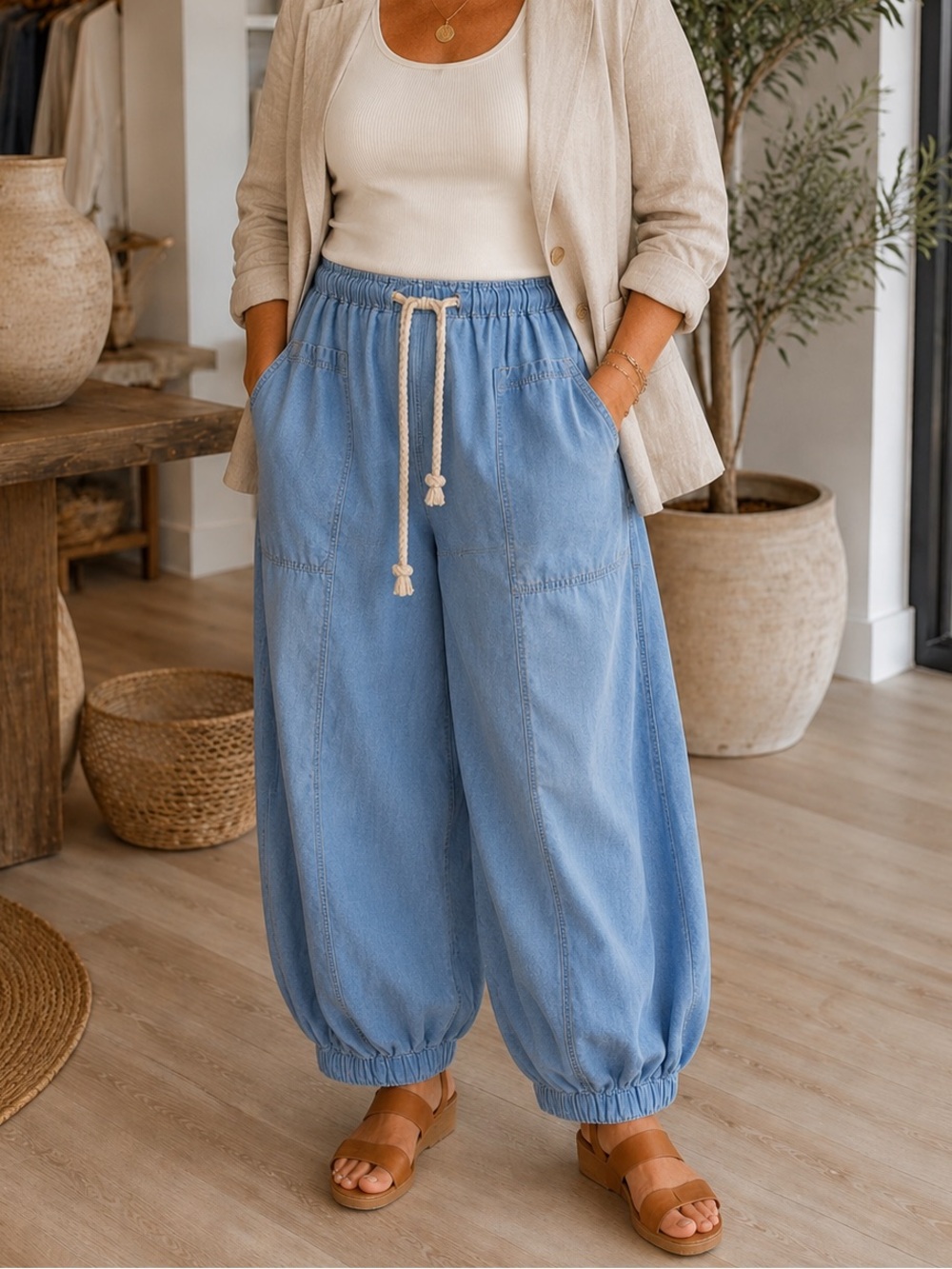 Wide Leg Barrel Jeans Pants - Light Blue one-time wear